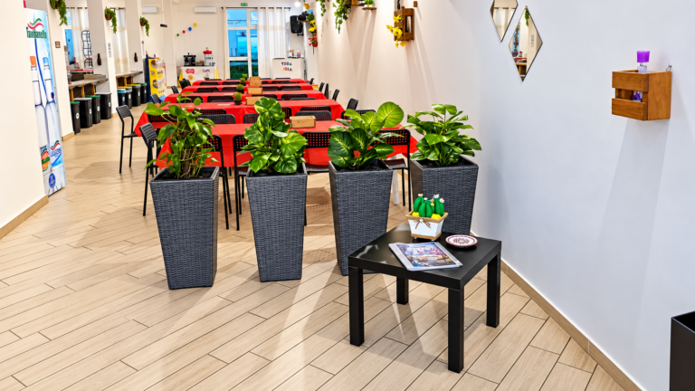 Sala Eventi con Tavoli Rossi e Piante Verdi